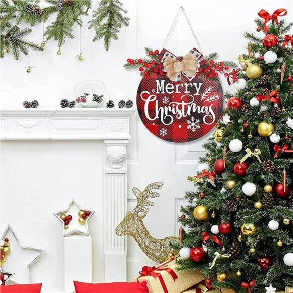 Merry Christmas Decoration Wreath, Christmas Red Plaid Door Hanging Sign 12 inch - Picture 1 of 6